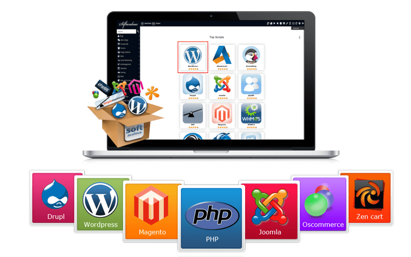 softaculous install app wordpress magento joomla oscommerce zencart php drupl